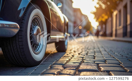 A vintage car is parked on a cobblestone street. The sun is setting, casting a warm glow on the car and the surrounding area. Concept of nostalgia and timelessness 127599276