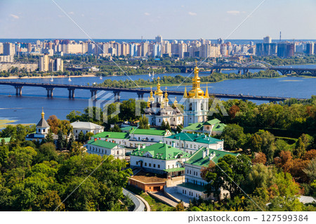 View of Kiev Pechersk Lavra (Kiev Monastery of the Caves) and the Dnieper river in Ukraine. View from Great Lavra Bell Tower View of Kiev Pechersk Lavra (Kiev Monastery of the Caves) and the Dnieper river in Ukraine. View from Great Lavra Bell Tower 127599384