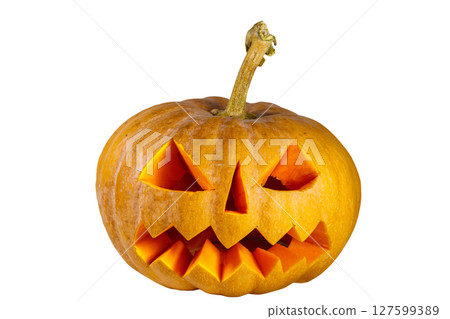 Spooky Halloween pumpkin jack-o-lantern isolated on a white background Spooky Halloween pumpkin jack-o-lantern isolated on a white background 127599389