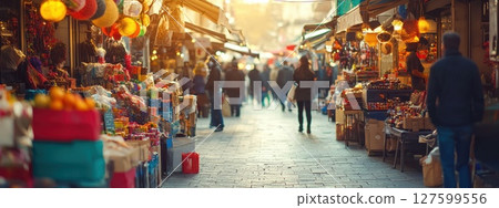 A busy market street with people walking and shopping, lively and bustling with people shopping A busy market street with people walking and shopping, lively and bustling with people shopping 127599556