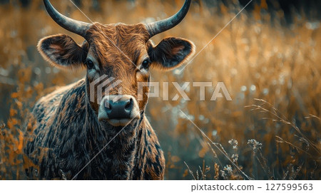 A cow with horns is standing in a field of tall grass, a peaceful and natural feel 127599563