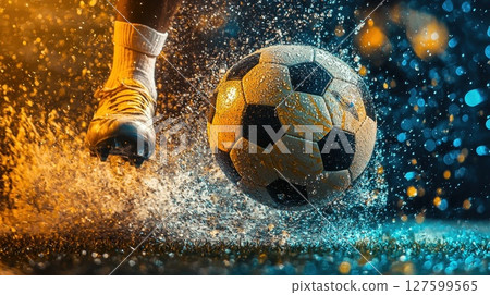 A soccer ball is kicked into the air and is surrounded by water, Concept of sport motion and excitement 127599565