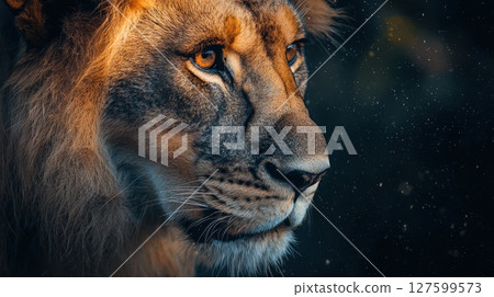 A lion with a golden mane and a yellow eye stares at the camera, feeling of strength and power 127599573