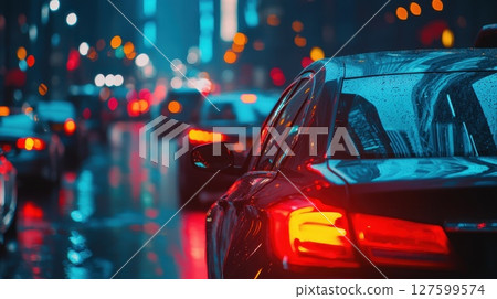 A car is driving down a street with other cars in the background 127599574