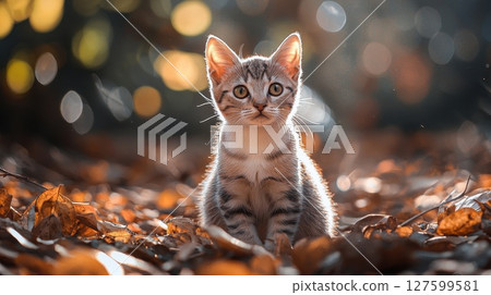 A kitten is sitting on the ground in a pile of leaves and has a curious expression 127599581