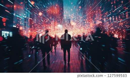A group of people are walking down a street in a city at night, excitement and energy 127599583