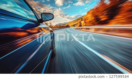 A car is speeding down a road with a beautiful view of the mountains in the background 127599584