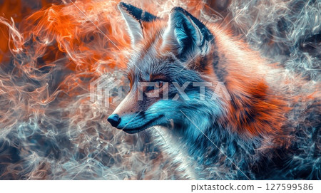 A fox is staring at the camera with a blue and orange background surrounded by smoke and fire A fox is staring at the camera with a blue and orange background surrounded by smoke and fire 127599586