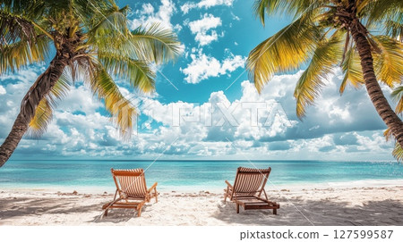 Two beach chairs are set up on the beach, facing the ocean, perfect for a day at the beach 127599587