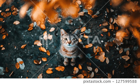 A cat is sitting on a pile of leaves and looking at the camera and has a curious expression 127599588