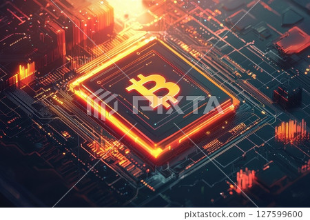 A computer chip with a glowing of Bitcoin, futuristic and technology A computer chip with a glowing of Bitcoin, futuristic and technology 127599600