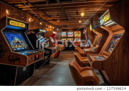 A room full of arcade games with a brown wooden wall. A room full of arcade games with a brown wooden wall. 127599624