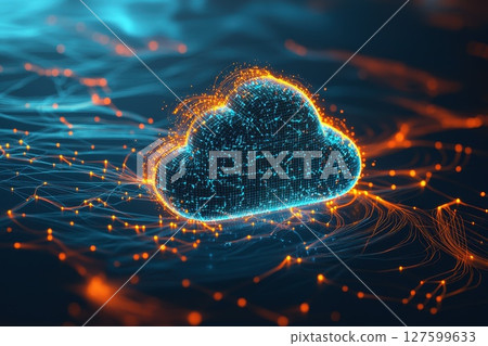 Digital Cloud Network: Futuristic 3D Illustration of Intricate Data Connections in Cloud-Shaped Structure on Blue Gradient Background Digital Cloud Network: Futuristic 3D Illustration of Intricate Data Connections in Cloud-Shaped Structure on Blue Gradient Background 127599633
