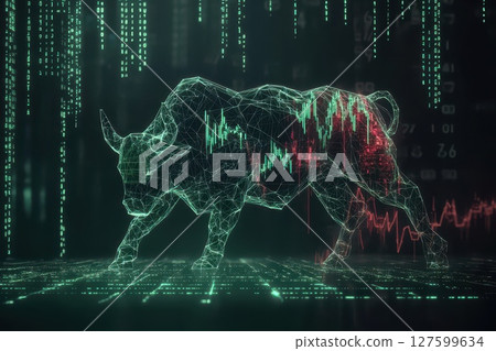 Digital Bull vs. Bear, Financial Market Battle in Glowing Data Points Digital Bull vs. Bear, Financial Market Battle in Glowing Data Points 127599634