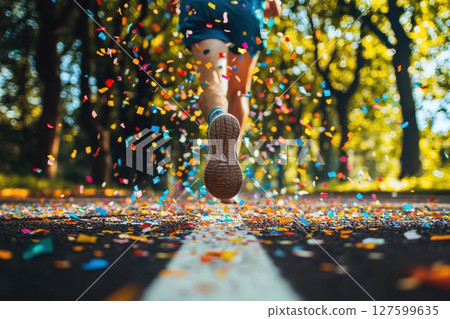An action shot of a runner feet in the foreground with a burst of colorful confetti exploding into the air. Energetic Runner 127599635
