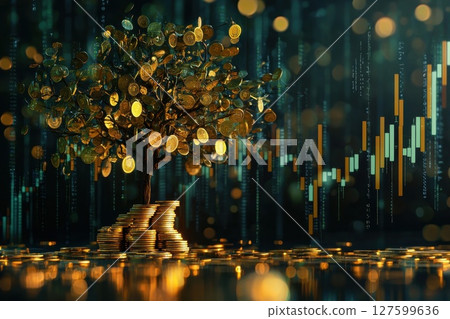 Golden Growth, 3D Rendering of Coin Tree with Financial Charts for Investment Concept 127599636