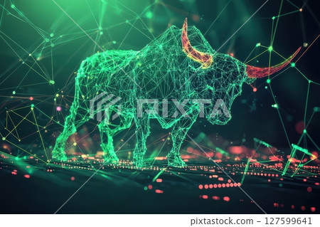 Financial Market Battle, Bull vs Bear in Glowing Data Points and Binary Code Matrix 127599641