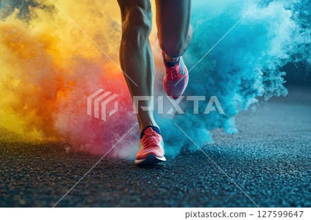 Dynamic Runner's Legs in Motion with Colorful Smoke Trails, Abstract Celebration of Movement 127599647