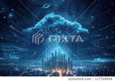 Digital Cityscape, Illuminated Data Servers in Vortex of Binary Code Against Starry Sky, A cityscape composed of glowing data servers rises into a swirling vortex of binary code 127599648