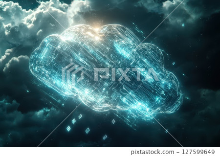 Translucent cloud rendered with intricate, interconnected circuit board patterns. Light pulses through the circuitry 127599649