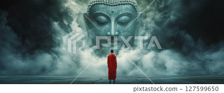 Tranquil Monk Contemplating Ethereal Buddha Face in Misty Serenity 127599650