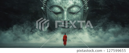 A monk stands in front of a large statue of a buddha face. The statue is surrounded by a misty atmosphere, giving the scene a mysterious and spiritual feel 127599655