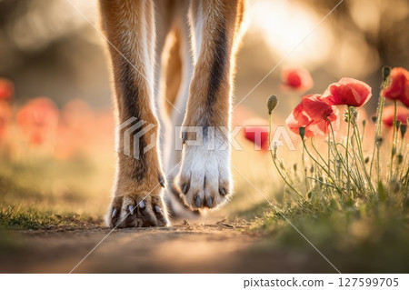 Closeup of Fox Legs Moving Quietly Through Colorful Meadow with Poppies in Background 127599705