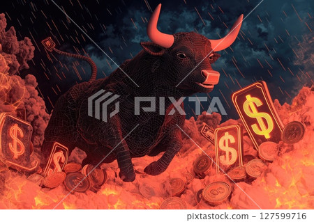 a cybernetic bull charging through a wave of neon dollar signs and coins with a dark futuristic financial background a cybernetic bull charging through a wave of neon dollar signs and coins with a dark futuristic financial background 127599716