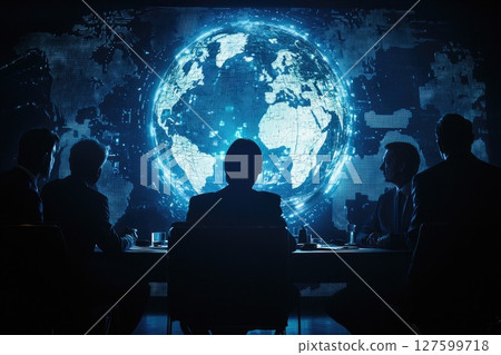A group of people are sitting at a table in front of a large screen that shows a globe, global technology communication A group of people are sitting at a table in front of a large screen that shows a globe, global technology communication 127599718