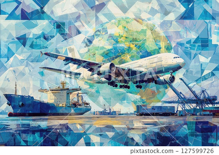 A painting of an airplane, a ship, and a truck, Concept of transportation and logistics A painting of an airplane, a ship, and a truck, Concept of transportation and logistics 127599726