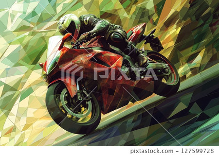 A man is riding a red motorcycle down a hill, futuristic and vibrant, a dynamic motion, Concept of excitement and freedom 127599728