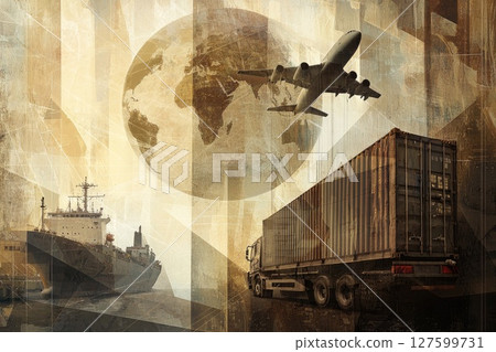 A painting of a plane flying over a ship and a truck, Concept of transportation and logistics A painting of a plane flying over a ship and a truck, Concept of transportation and logistics 127599731