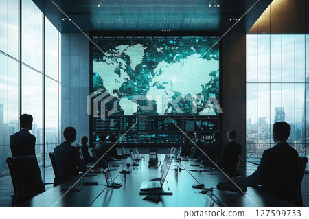 Future of Trade, Economists and AI Developers Analyzing New Policies in a Modern Conference Room 127599733