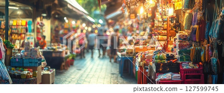 A busy market with people walking around and shopping 127599745