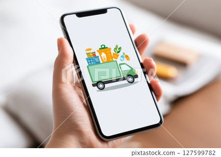 Person Hand Holding Smartphone Displaying Colorful Delivery Truck with Various Items 127599782