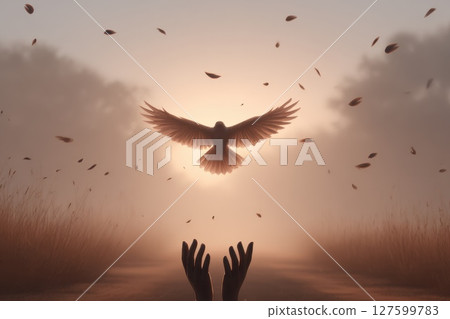 Hands Releasing a Glowing Bird into the Air Surrounded by Floating Leaves at Dusk Hands Releasing a Glowing Bird into the Air Surrounded by Floating Leaves at Dusk 127599783