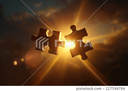 Jigsaw Puzzle Pieces Fitting Together Against Bright Light in Warm Sunset Background 127599784