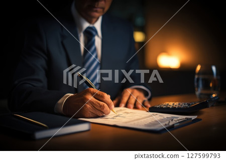 Businessman Analyzing Financial Documents with Calculator in Dimly Lit Office Setting 127599793