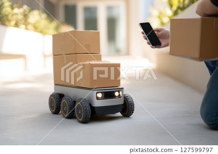 Robot Delivery System Carrying Packages to Customers on Urban Street Robot Delivery System Carrying Packages to Customers on Urban Street 127599797