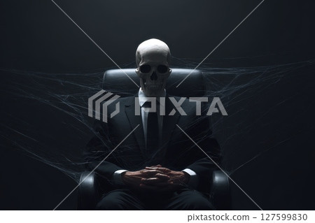 Stylish Skeleton Seated in Chair with Elegant Suit and Cobwebs in Dark Background 127599830