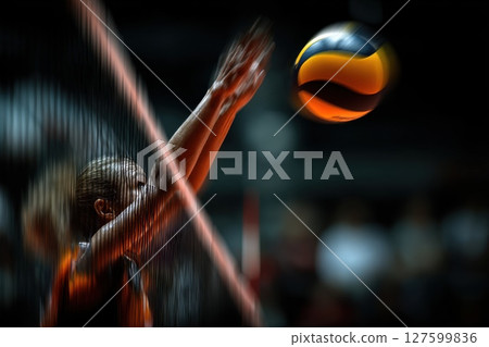 Dynamic Volleyball Player Spiking Ball with Force Against Opponent in Intense Match Scene 127599836