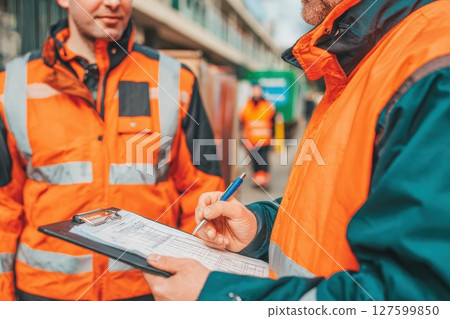 Professional Worker Completing Delivery Documentation in Warehouse or Shipping Area 127599850