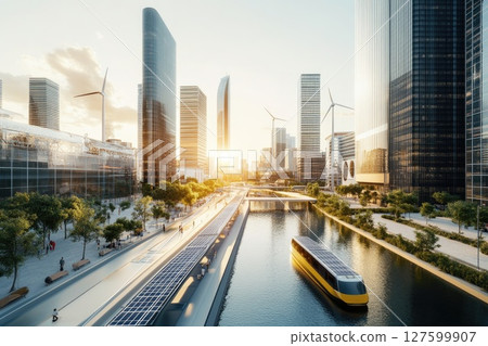 A city with a river running through it and a yellow boat on the water, modern urban environment 127599907