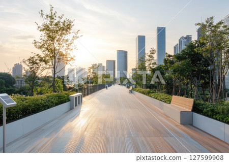 A city street with a wooden walkway and benches, modern urban environment A city street with a wooden walkway and benches, modern urban environment 127599908