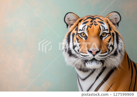 A tiger is staring at the camera, a distinctive striped pattern, animal portrait A tiger is staring at the camera, a distinctive striped pattern, animal portrait 127599909