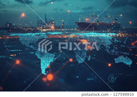 A computer generated image of a city with a large ship in the middle, global logistics and transportation concept A computer generated image of a city with a large ship in the middle, global logistics and transportation concept 127599910