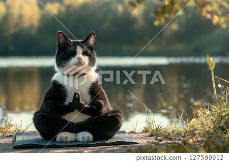 A cat in yoga practices on a mat by a lake, looking peaceful and calm, relax and meditative state 127599912