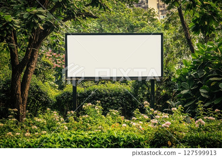A large empty white billboard sits in a lush green park, beautiful garden with flowers 127599913