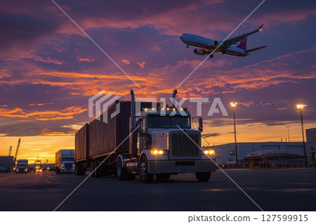 A large truck is driving down a road with a plane flying overhead, logistics and transportation concept A large truck is driving down a road with a plane flying overhead, logistics and transportation concept 127599915