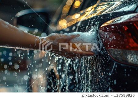 A person is washing a car with soap and water 127599926